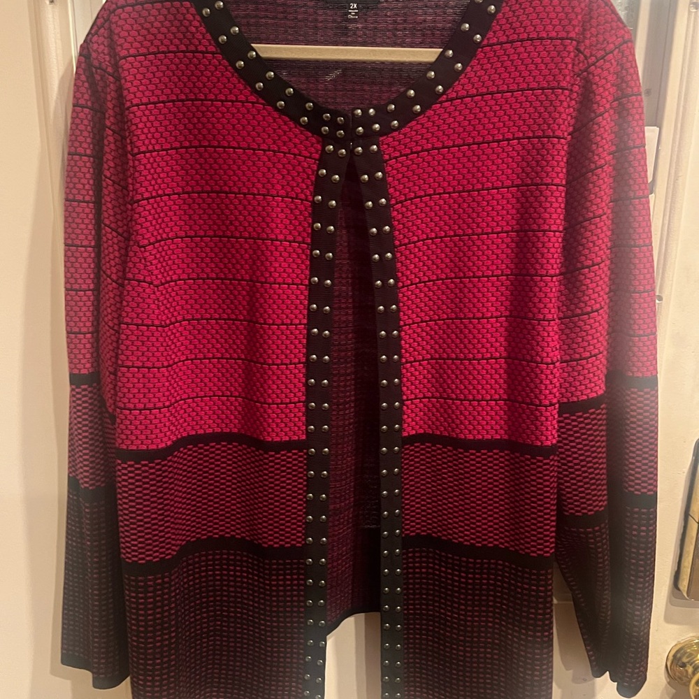 Ming Wang Raspberry and Black Studded Cardigan